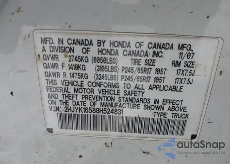 2008 Honda Ridgeline Rtl from USA, damaged, VIN 2HJYK16588H524831